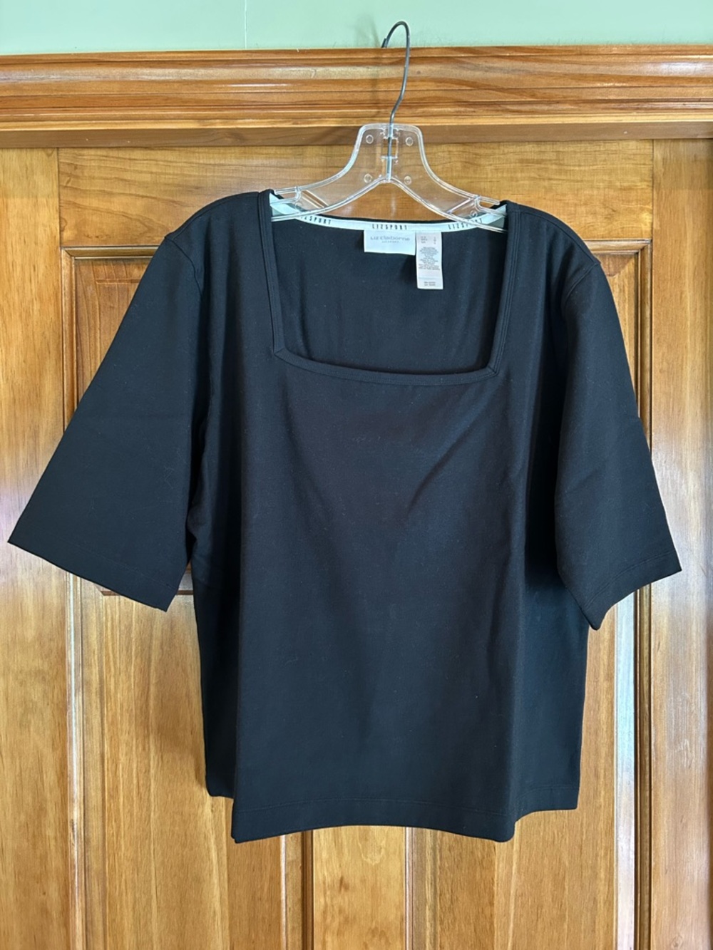 Liz Claiborne Black Square-Neck Elbow Length Sleeve Top